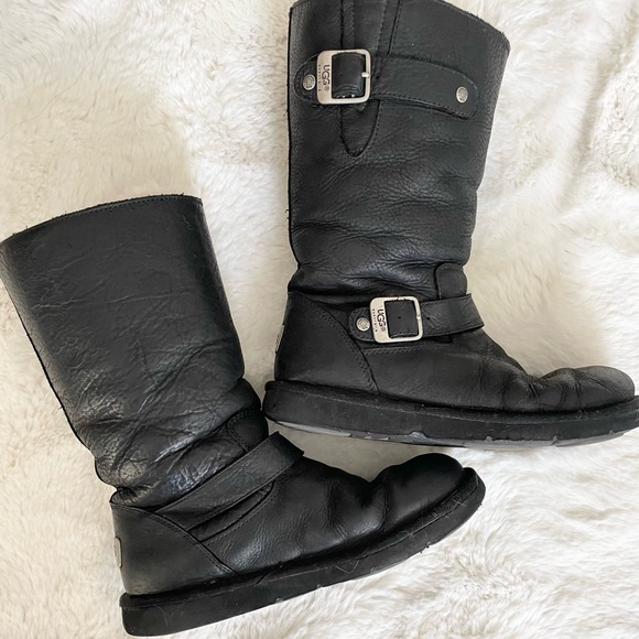 UGG Australian Kensington leather sheepskin biker boots fur lined size 7 - Picture 2 of 5
